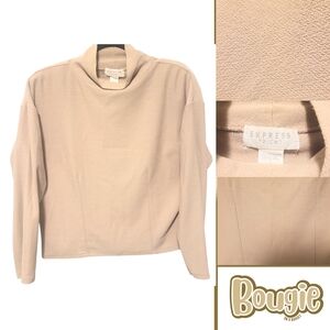 Vintage Express Tricot Beige Mock Neck Long Sleeve Top with Shoulder Pads Large